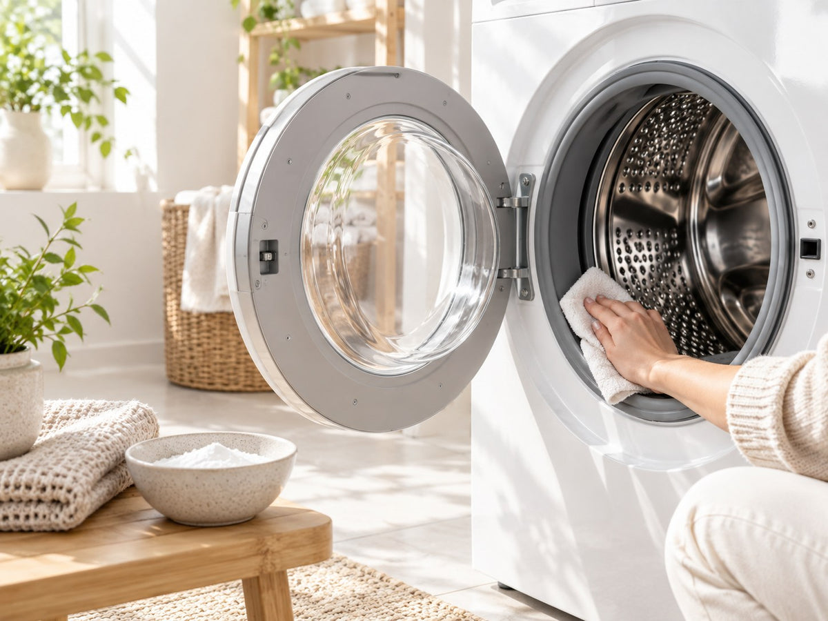 Çamaşır makinesinin kapak contası bezle siliniyor