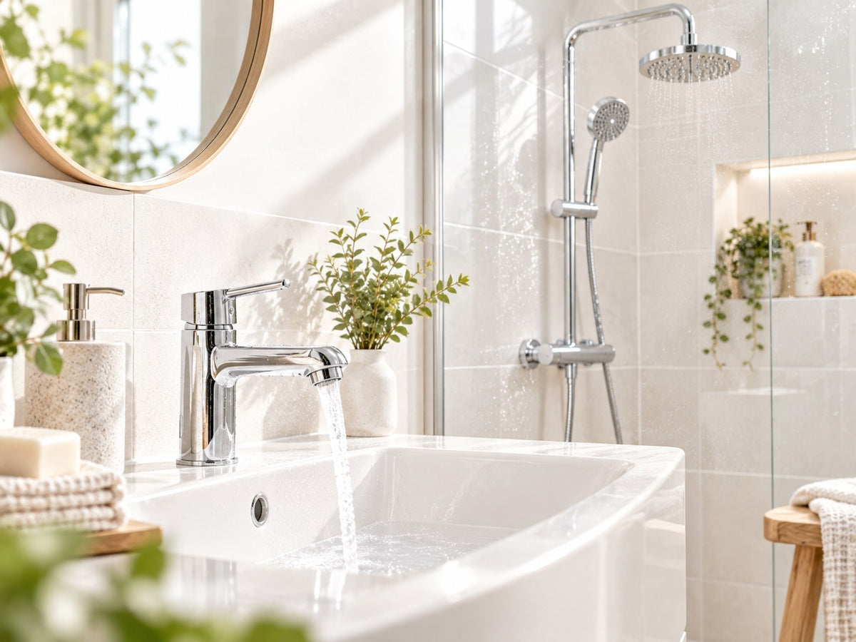 Aydınlık banyoda musluk, lavabo ve duş başlığı