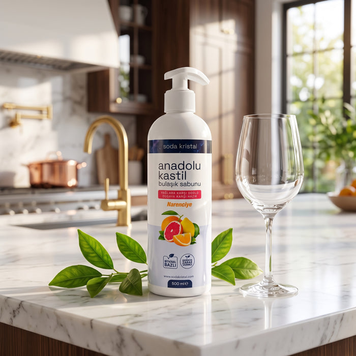 Anadolu Kastil Bulaşık Sabunu 500 ml, turunçgil ve kadehle mutfak tezgahında