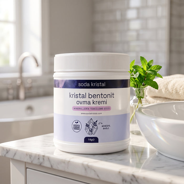 Kristal Bentonit Ovma Kremi 1 kg kavanozu mutfak tezgahında