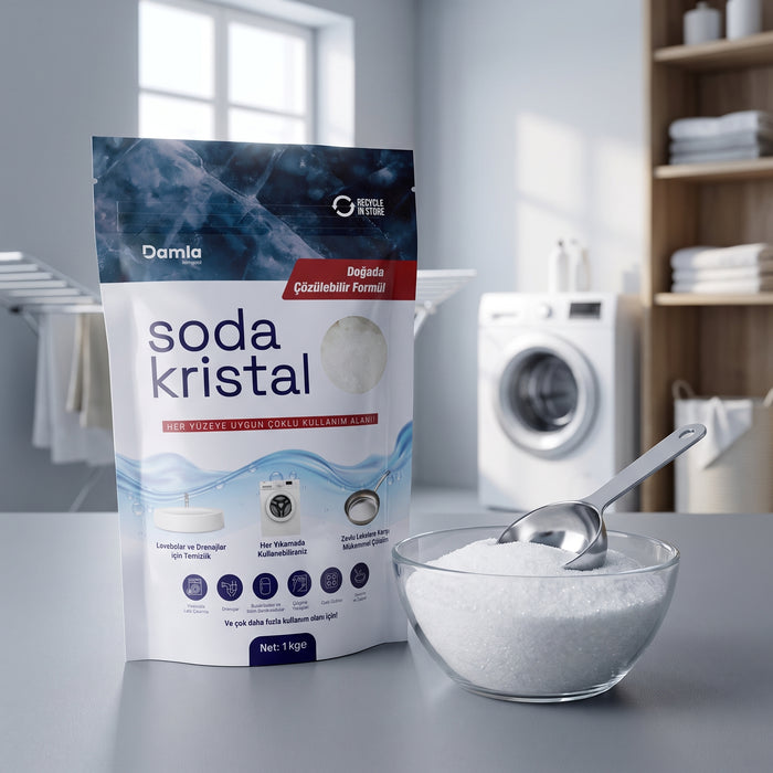Soda Kristal 1 kg paketi ve cam kasede soda kristali, arkada çamaşır makinesi