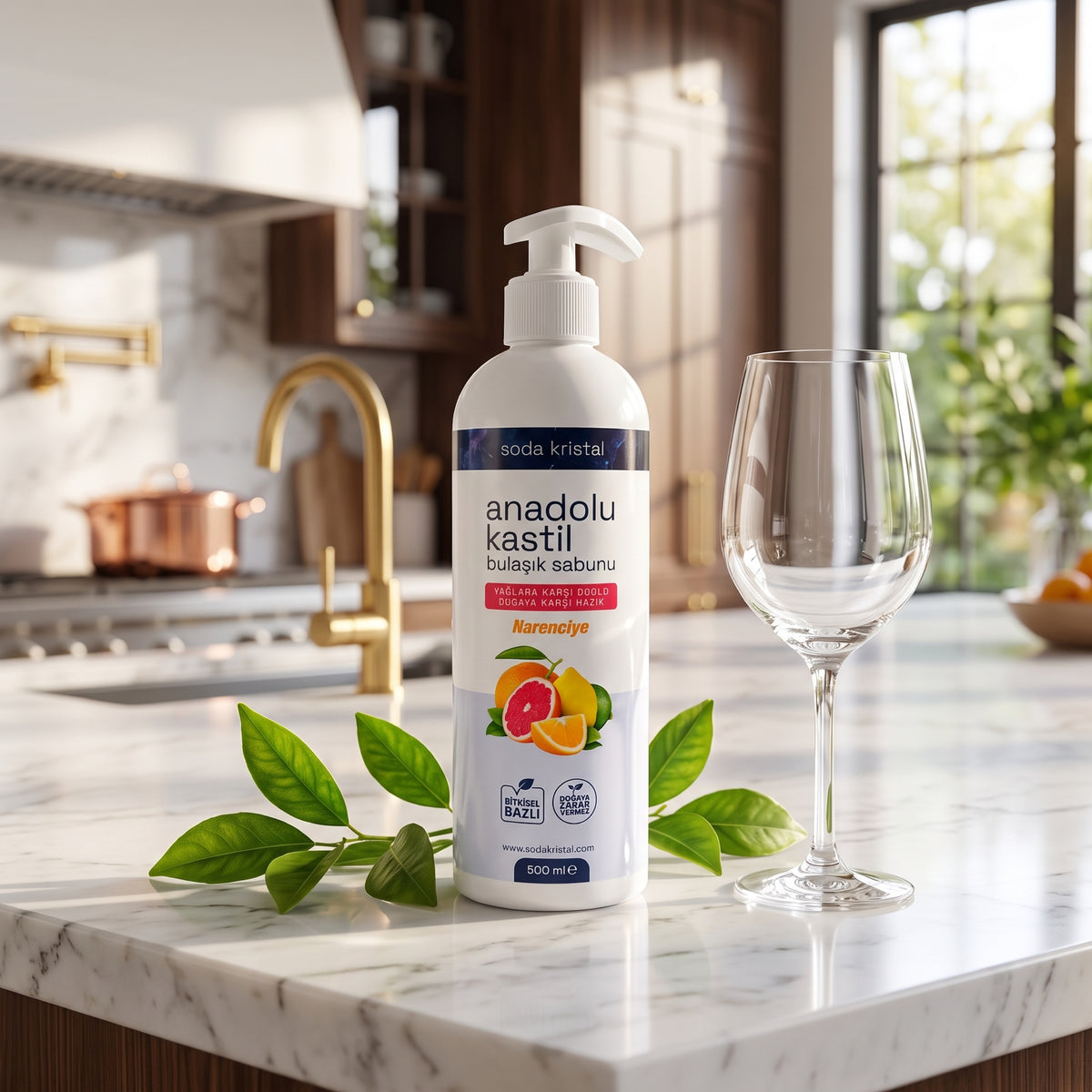 Anadolu Kastil Bulaşık Sabunu 500 ml, turunçgil ve kadehle mutfak tezgahında