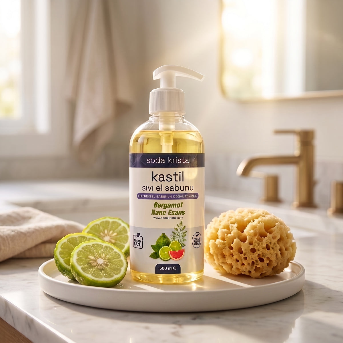 Kastil Sıvı El Sabunu 500 ml bergamot nane, limon dilimleri ve doğal süngerle