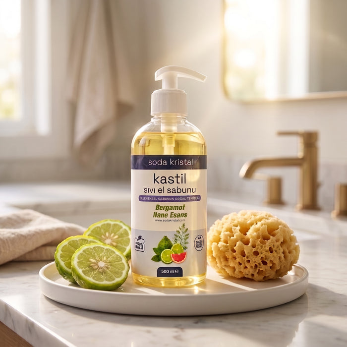 Kastil Sıvı El Sabunu 500 ml bergamot nane, limon dilimleri ve doğal süngerle