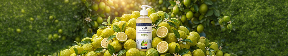 Bergamot ağaçlarının önünde taze bergamotların üzerinde duran Kastil Sıvı El Sabunu şişesi