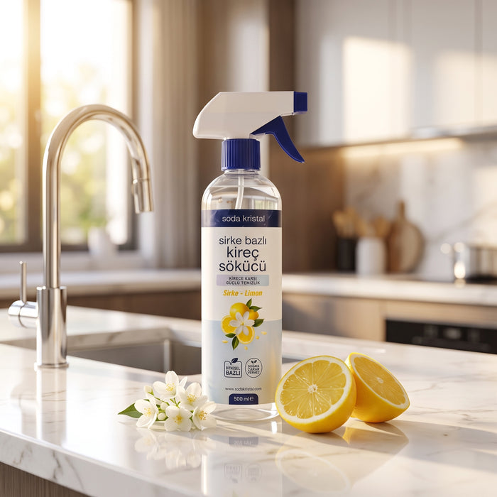 Sirke Bazlı Kireç Sökücü 500 ml, limonlar ve mutfak musluğunun yanında