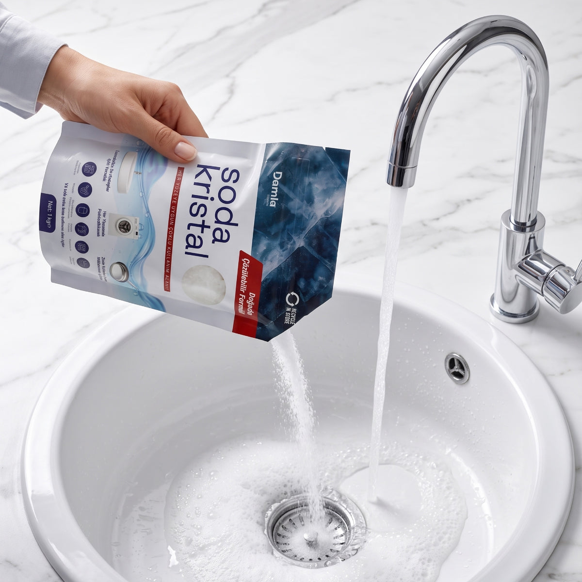 Soda Kristal lavabo giderine dökülüyor, musluktan sıcak su akıyor