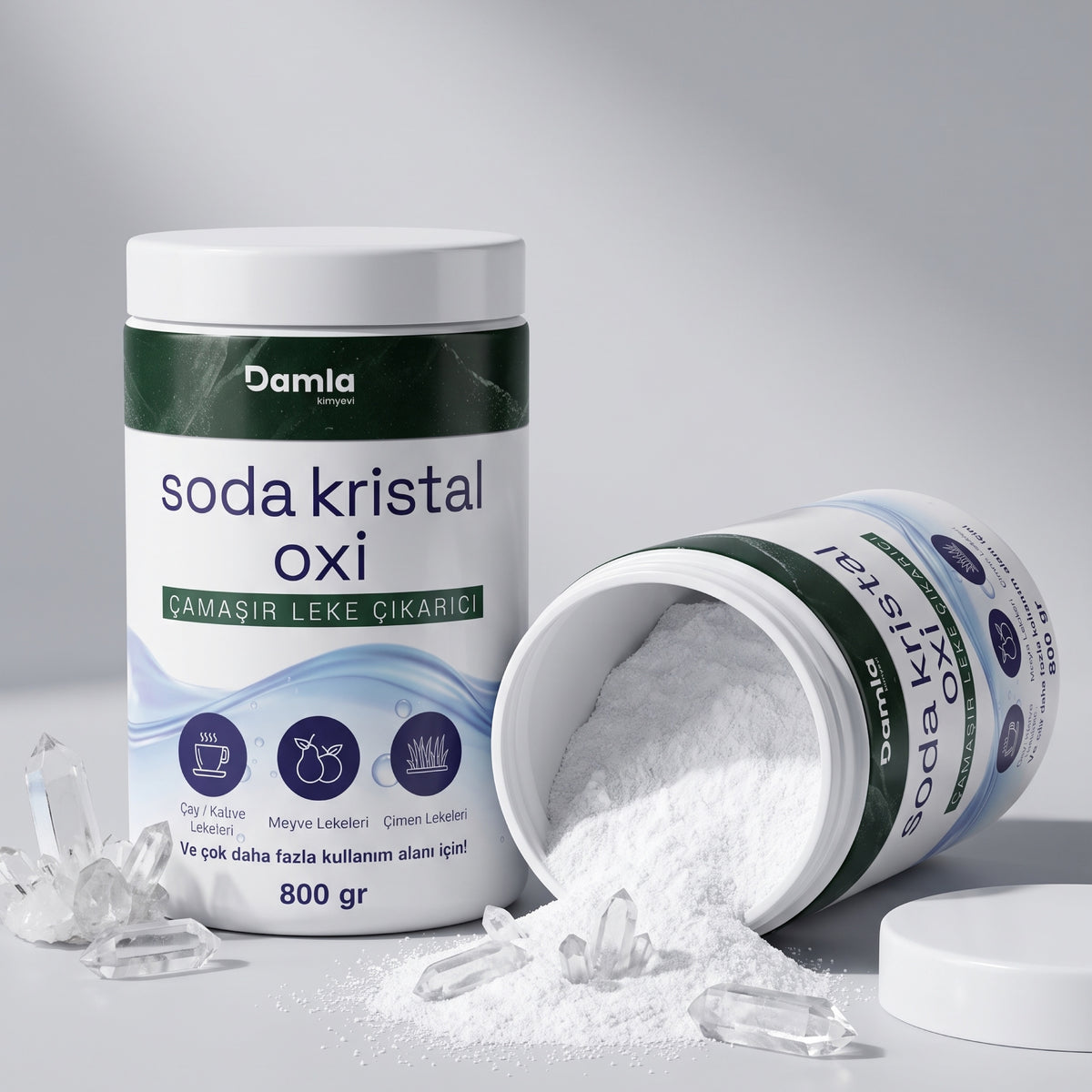 Soda Kristal Oxi 800 gr kutusu ve dökülmüş toz kristaller