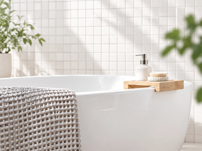 Beyaz küvet ve fayanslı aydınlık banyo