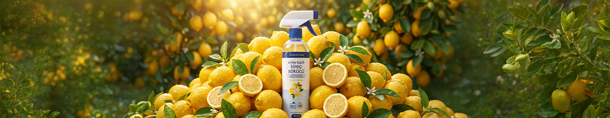 Limon bahçesinde Soda Kristal sirke bazlı kireç sökücü şişesi