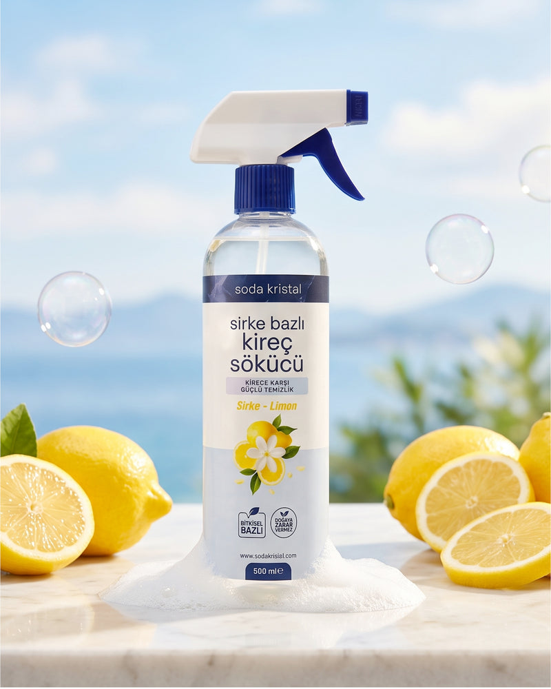 Sirke bazlı kireç sökücü, limonlar ve köpük arasında